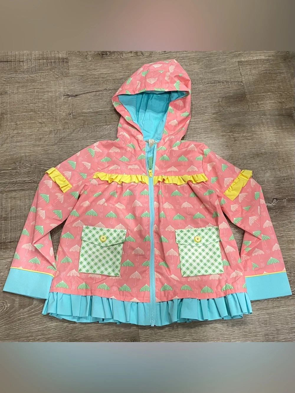 Matilda Jane Girls Size 8 Hooded Rain Jacket Pink Umbrella Print Ruffle Coat